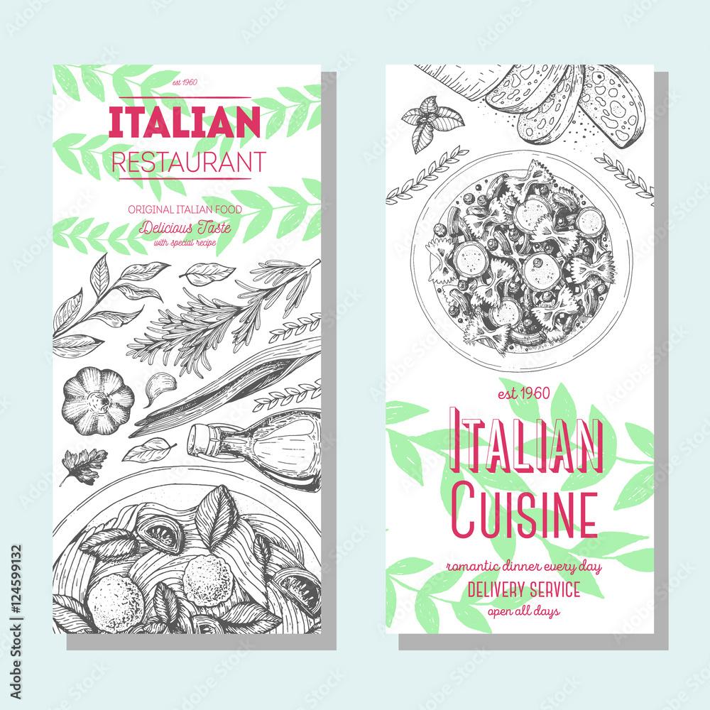 Wall mural italian food vintage design template. vertical banners set. vector illustration hand drawn linear ar