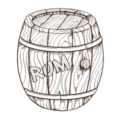 Wooden barrel of rum. Illustration on the pirate theme.
