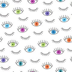 Deurstickers Ogen Kleurrijke doodle ogen naadloze patroon. Vector achtergrond met aquarel ogen en wimpers.