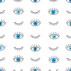 Naklejki  Ręcznie rysowane doodle niebieskie oczy wzór. Tło wektor.