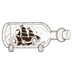 Boat with a glass bottle. Illustration on the pirate theme.