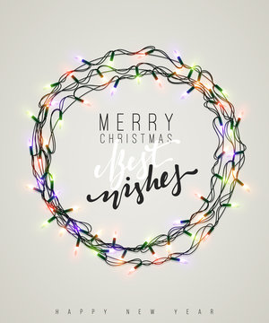 Glowing Christmas Lights Wreath for Xmas Holiday Greeting Cards Design
