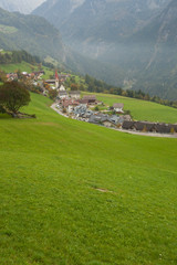 Fototapeta na wymiar autumnal view toward the little town of Acereto in Ahrntal