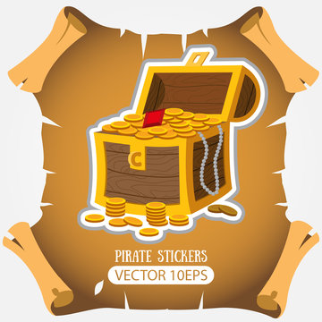 Treasure chest. Vector stickers on the pirate theme.