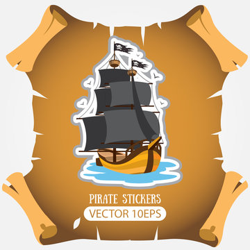 Ship with black sails. Vector stickers on the pirate theme.