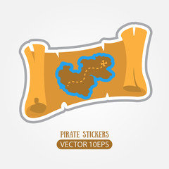 Map of the island with buried treasure. Vector stickers on the pirate theme.