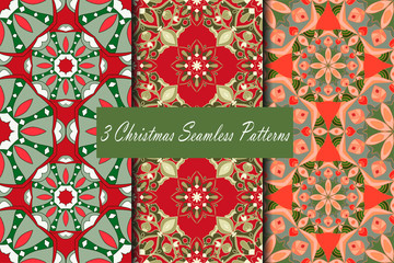 Set of three Christmas seamless pattern with mandalas. Vector background