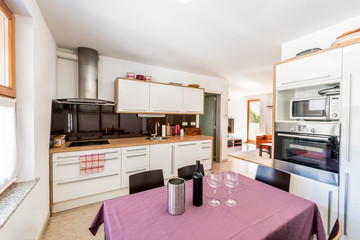 Modern open space kitchen with view of living room.