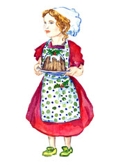 Beautiful Baby Girl in white chef's hat, polka-dot apron and red dress standing and holding plate with Christmas pudding, for greeting card, hand painted watercolor illustration