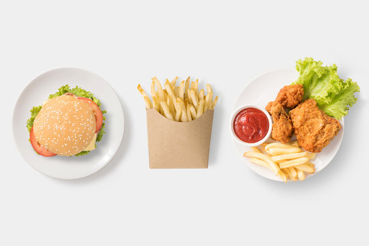 Concept of mock up burger, french fries and fried chicken set isolated.