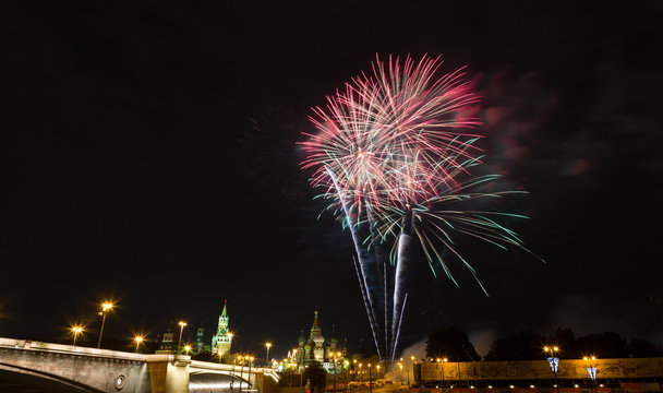 Fireworks over the Moscow Kremlin at night