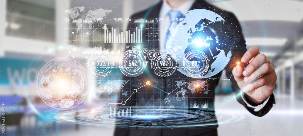Poster businessman using hologram screen with digital data
