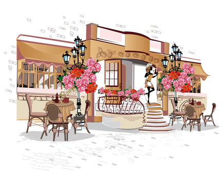 Series of backgrounds decorated with flowers, old town views and street cafes.
