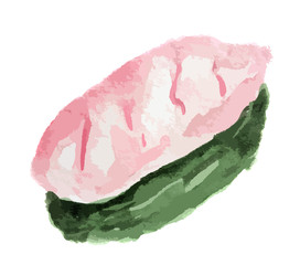 Isolated watercolor sushi roll on white background. Traditional asian food with caviar, rice and fish.