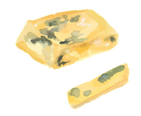 Isolated watercolor blue cheese on white background. Delicious gourmet cheese with mold. French product.