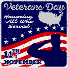 Veteran's day poster template in vintage style. US Army soldiers saluting on grunge american flag background