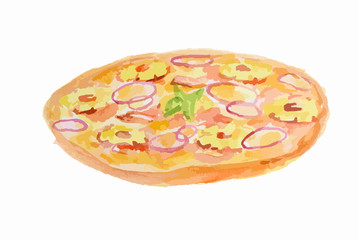 Isolated watercolor pizza on white background. Tasty italian snack or street food. Italian cuisine.