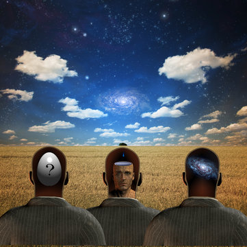 Three men in field one with egg shape question mark, one with man open head and liquid dripping into the other with a galaxy  Some elements provided courtesy of NASA
