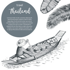 Fototapeta premium Thailand travel design. Floating market. Thailand poster, vector illustration.