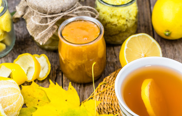 Warming tea with lemon, honey and ginger. Hot drink for a cold autumn day.