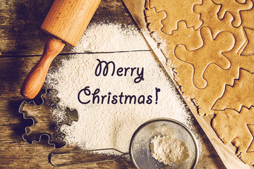 table rolled out dough, flour, Christmas shapes, sign, style sha