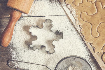 table rolled out dough, flour, Christmas shapes, style shabby in