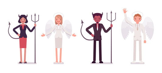 Set of male, female angel and devil in a formal wear standing in a line. Cartoon vector flat-style illustration