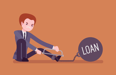 Businessman chained with a giant metall weight with a title Loan trying to escape, sawing. Cartoon vector flat-style concept illustration
