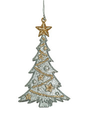 Graceful Christmas ornament, hanging bracket. Silvery and golden in the form of of a fir-tree. Isolated on white background.