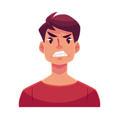 Young man face, angry facial expression, cartoon vector illustrations isolated on white background. Handsome boy frowns, feeling distresses, frustrated, sullen, upset. Angry face expression