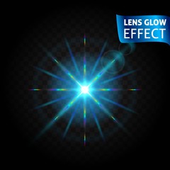 Lens glow effect. Glowing light reflections, realistic bright light effects blue lens color. Use design, glow for the holidays. Vector illustration