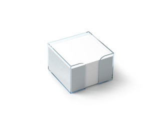 Blank white note paper block plastic holder mockup, clipping path, 3d rendering. Empty glue...