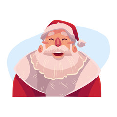 Santa Claus face, laughing facial expression, cartoon vector illustrations isolated on blue background. Santa Claus emoji laughing out load with closed eyes and open mouth. Laughing face expression