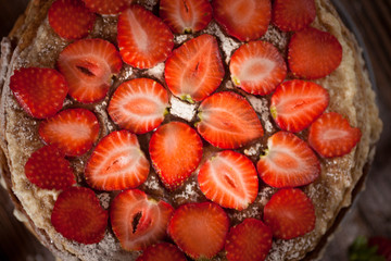 Cake of  pancakes,top view  dark brown wooden background, rustic