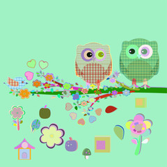 Valentine boy and girl owls sat on a tree branch