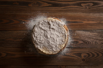 Cake of  pancakes,top view  dark brown wooden background, rustic