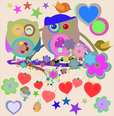 Two cute owls and bird on the flower tree branch