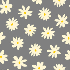Seamless pattern with hand drawn flowers in cream and yellow on gray background.