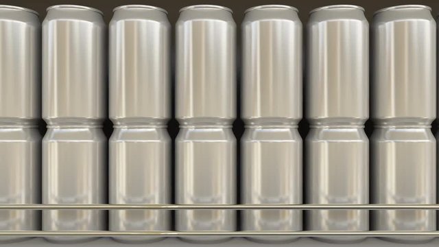 Generic aluminum cans at grocery store. Soda or beer on supermarket shelf. Modern recycling packaging. 4K seamless loop dolly clip