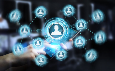 Businessman using blue social network 3D rendering