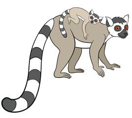 Obraz premium Cartoon animals for kids. Mother lemur with her baby.
