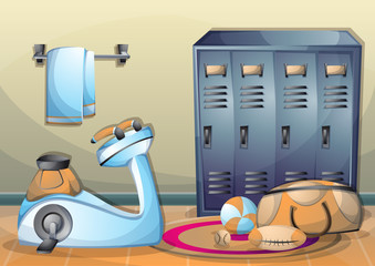cartoon vector illustration interior fitness room with separated layers in 2d graphic
