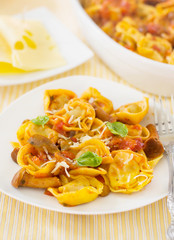 Homemade raviloi tortellini with tomato sauce with mushrooms