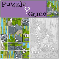 Education game: Puzzle. Three little cute lemurs.