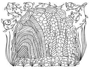 Vector cave with stalactite and stalagmite. Black and white version. Hand-drawn pattern. Doodle, zentangle, design element. Page for coloring book.
