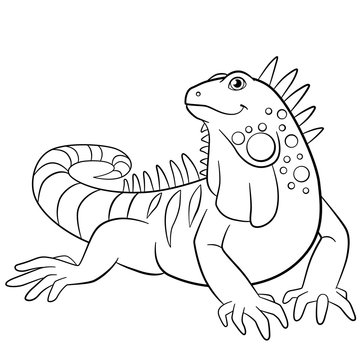 Coloring pages. Cute iguana smiles.