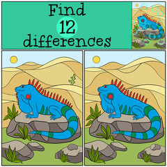 Naklejka premium Educational game: Find differences. Cute iguana sits on the rock