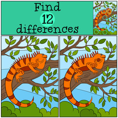 Educational game: Find differences. Cute iguana sits on the tree
