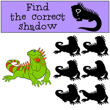 Educational game: Find the correct shadow. Cute green iguana.