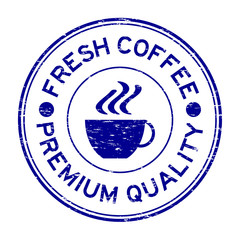 Grunge blue fresh coffee premium quality and cup icon rubber sta